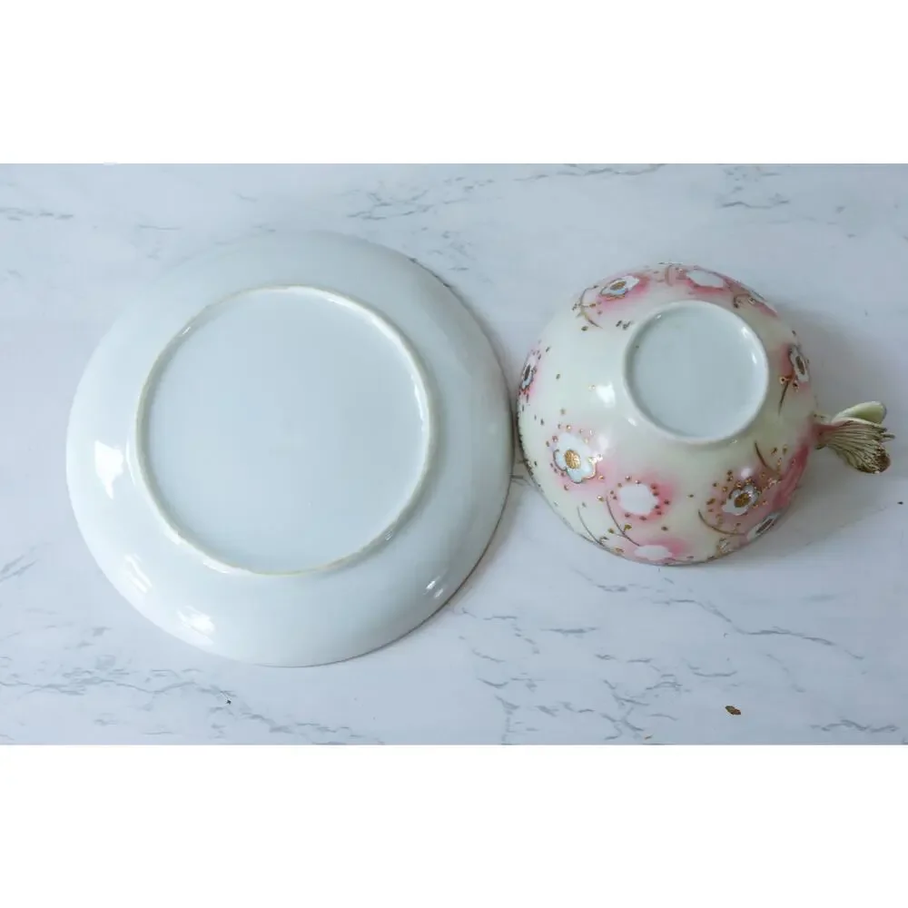 VTG Sakura Floral Butterfly Handle Teacup Set Grandmillennial Chinoiserie Retro